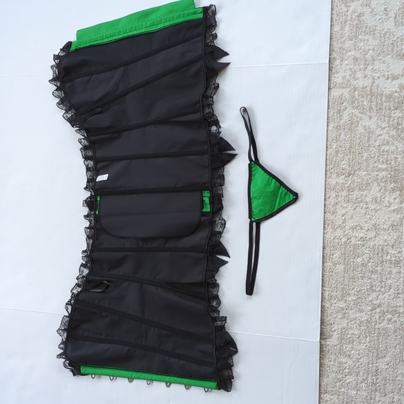 Strapless Lace Ruffle Lace Up Corset With Panty Lingerie Plus 4XL Green Black - Picture 12 of 16